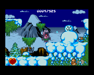 Chuck Rock (Amiga) screenshot: Was there a snowman back in prehistoric era?