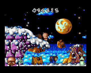 Chuck Rock II: Son of Chuck (Amiga) screenshot: Perils on the piste level gets Chuckie to the ice level.