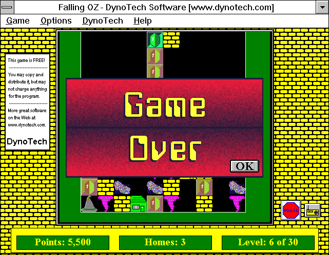 Falling Oz (Windows 3.x) screenshot: Well that ends the game