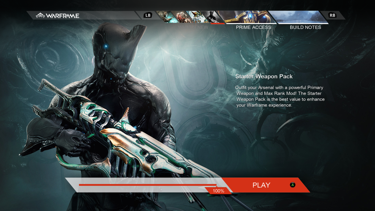 Warframe: Starter Weapon Pack (Xbox Series) screenshot: The release of this DLC is announced on the start screen