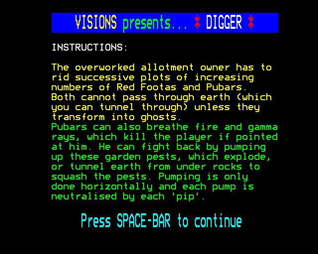 Digger (BBC Micro) screenshot: Instructions