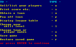 Football Manager (Amstrad CPC) screenshot: Main Menu