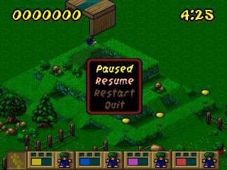 Lemmings Paintball (Windows) screenshot: Skill - Taxing, Level 15 - Its a-maze-ing