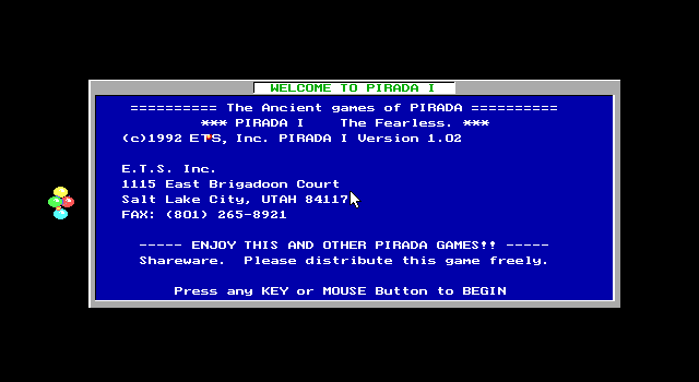 Pirada I: The Fearless (DOS) screenshot: The game's title screen, shareware version