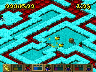 Lemmings Paintball (Windows) screenshot: Skill - Taxing, Level 16 - All is not lost...yet.