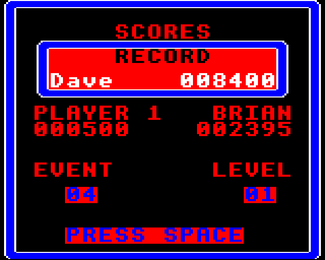 Brian Jacks Superstar Challenge (BBC Micro) screenshot: Current Score