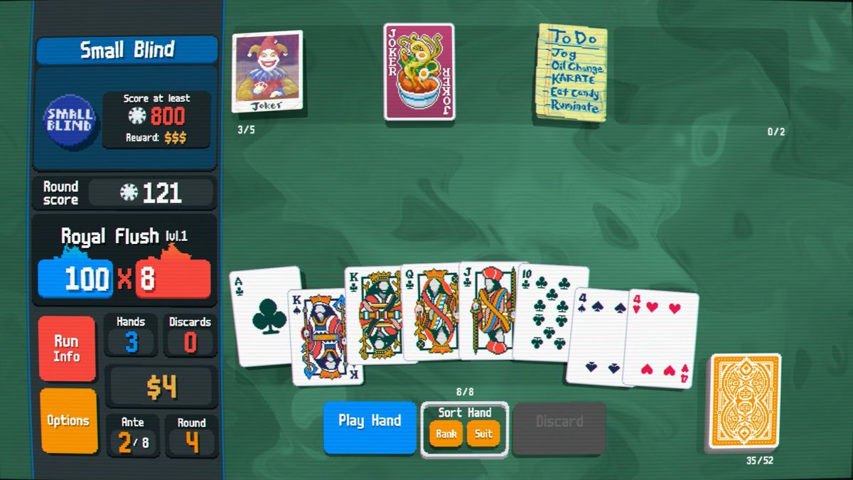 Balatro (Windows) screenshot: If your played hand gains points higher than the total points for the round, fire flickers above the point values.