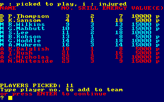 Football Manager (Amstrad CPC) screenshot: Your squad
