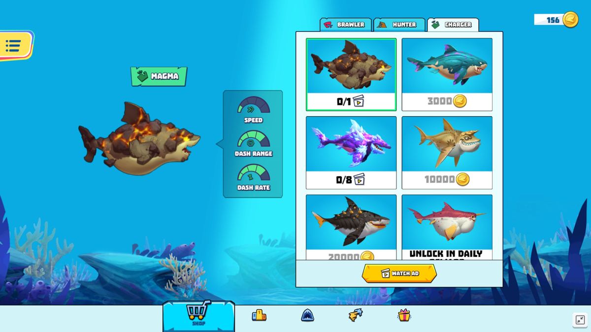 Hungry Shark: Arena (Browser) screenshot: Browsing the shop for new fish.