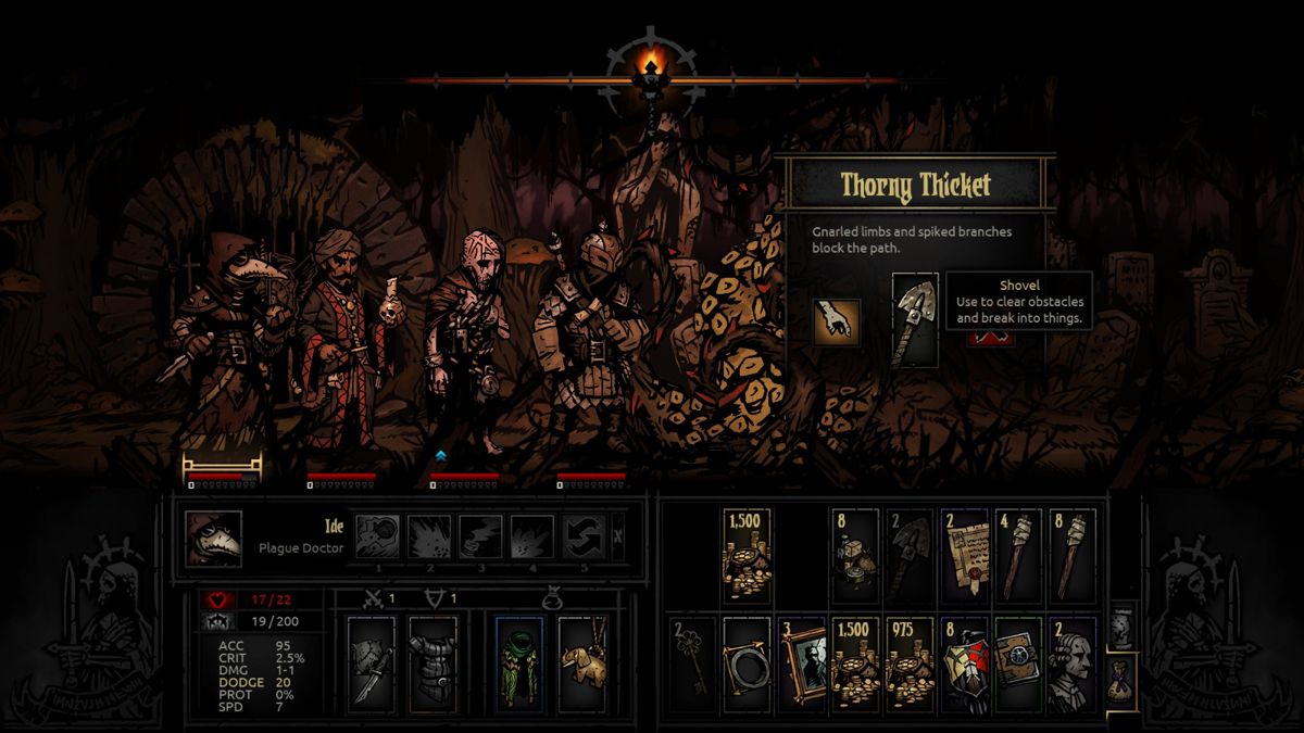 Darkest Dungeon (Windows) screenshot: Removing this, ah, tentacled tree obstacle. Always bring ~2 shovels - you can clear obstacles with your bare hands, but it'll screw you up, holmes.