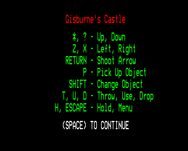 Gisburne's Castle (BBC Micro) screenshot: Instructions