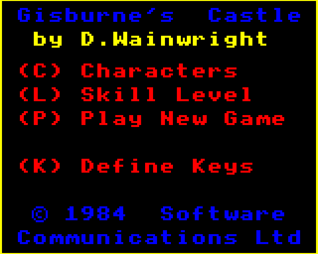 Gisburne's Castle (BBC Micro) screenshot: Main Menu