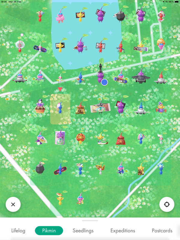 Pikmin Bloom (iPad) screenshot: Pikmin and player location on the regional map