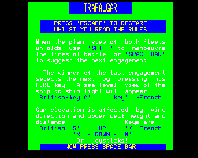 Trafalgar (BBC Micro) screenshot: Commands