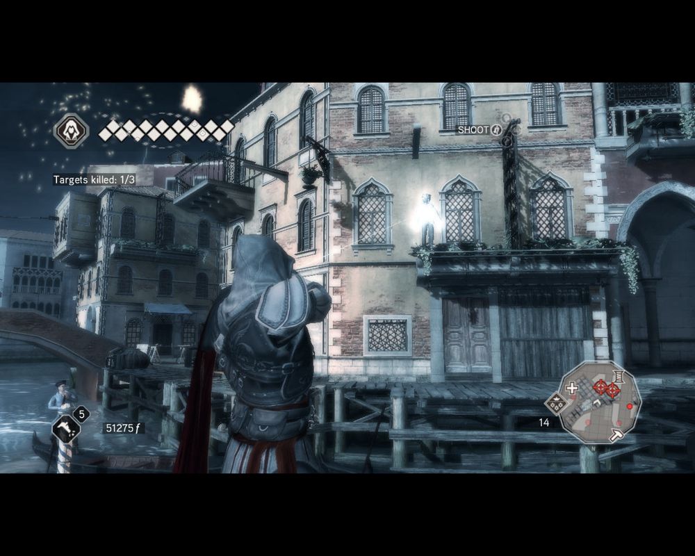 Assassin's Creed II (Windows) screenshot: Fireworks are exploding in the sky, and Ezio is training his pistol-shooting skill on dummies