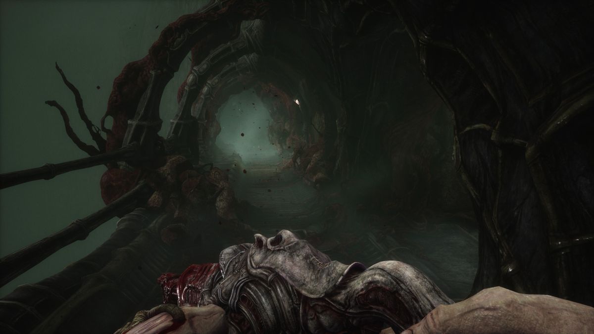 Scorn (Windows) screenshot: Enemy fights are tough, so sometimes you just need to run.