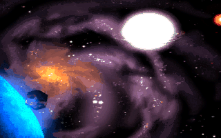 The Dig (DOS) screenshot: A cutscene showing the flight towards the mysterious planet