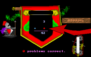 Adventure Math (DOS) screenshot: The start of a game, this time it's addition<br>All sums take place against the same background