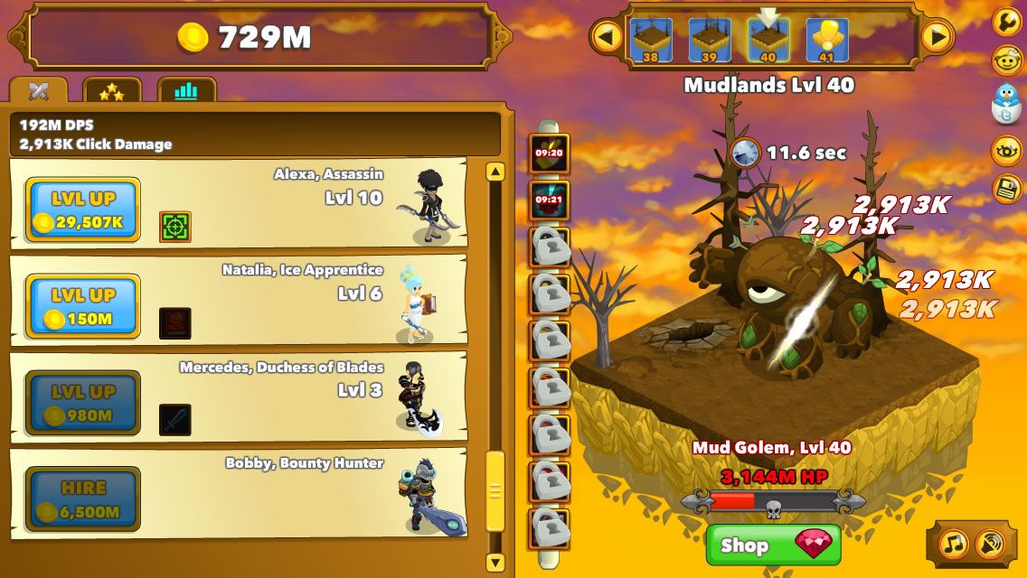 Clicker Heroes (Browser) screenshot: Fighting a boss. Upgrades now run into millions of gold.