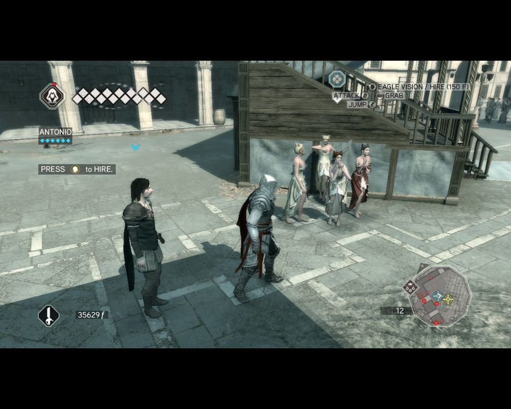 Assassin's Creed II (Windows) screenshot: Yo, Tony, I know we got dat mission an' all... but look at those prrrretty ladies 'ere... whaddasay we... ya know... HIRE them? Ya know what I mean, eh, Tony?