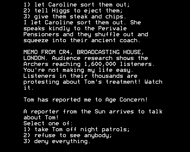 The Archers (BBC Micro) screenshot: Interviewed by the Sun