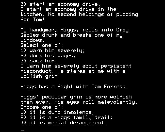 The Archers (BBC Micro) screenshot: Higgs Causes Trouble