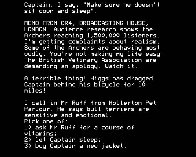 The Archers (BBC Micro) screenshot: Problems with the Dog