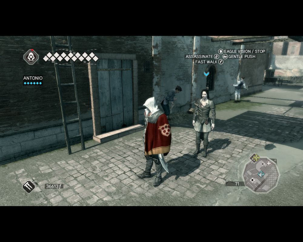Assassin's Creed II (Windows) screenshot: Lots, lots of detail. Take a look at those guys. One is cleaning the street, another one is stretching; in a moment he will proceed to work on that building