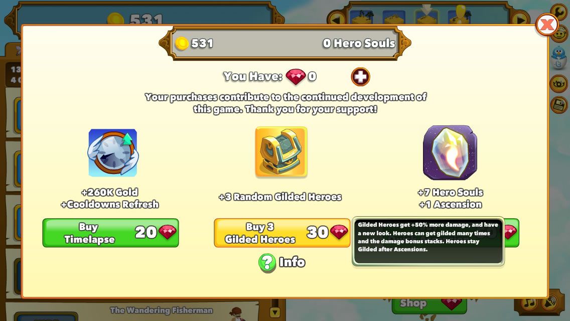 Clicker Heroes (Browser) screenshot: Get some bonuses if you choose to support the game.