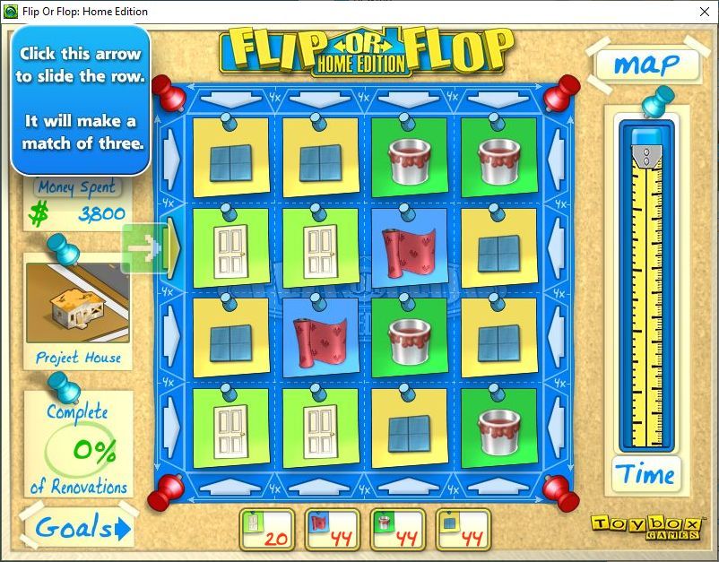 Flip or Flop: Home Edition (Windows) screenshot: The game area. Clicking on the arrows at the ends of the rows/columns moves the tiles along. On the right is a decreasing timer bar. At the bottom are separate counters for each kind of improvement tile I am expected to match.