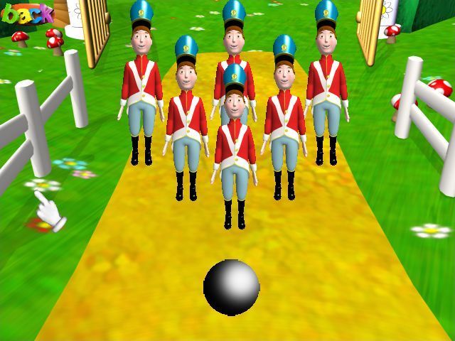 The Wheels on the Bus: Humpty Dumpty (Windows) screenshot: Soldier Skittles: Six soldiers stand in a triangle formation. The player clicks on the bowling ball to knock some or all of them down and a voice counts them as they rejoin the formation