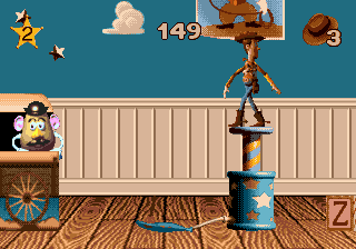 Disney's Toy Story (Genesis) screenshot: Use the pump to throw all your friends into the box