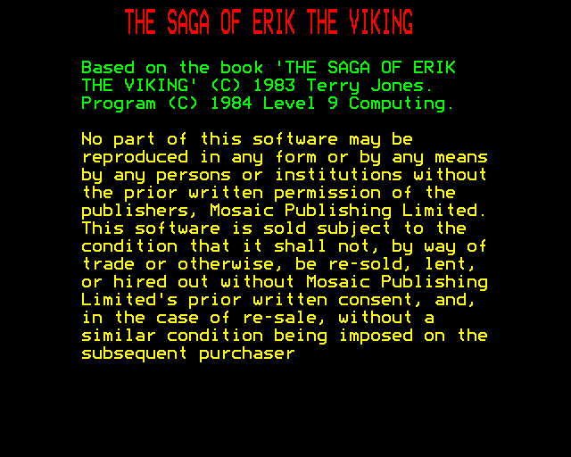 The Saga of Erik the Viking (BBC Micro) screenshot: Title Screen