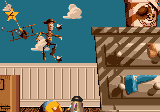 Disney's Toy Story (Genesis) screenshot: The only way to jump to that little wardrobe is by bouncing oof the ball