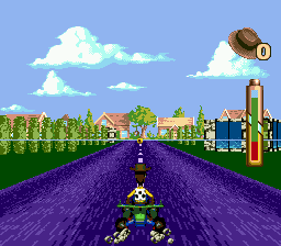 Disney's Toy Story (Genesis) screenshot: Over-the-shoulder car-driving level