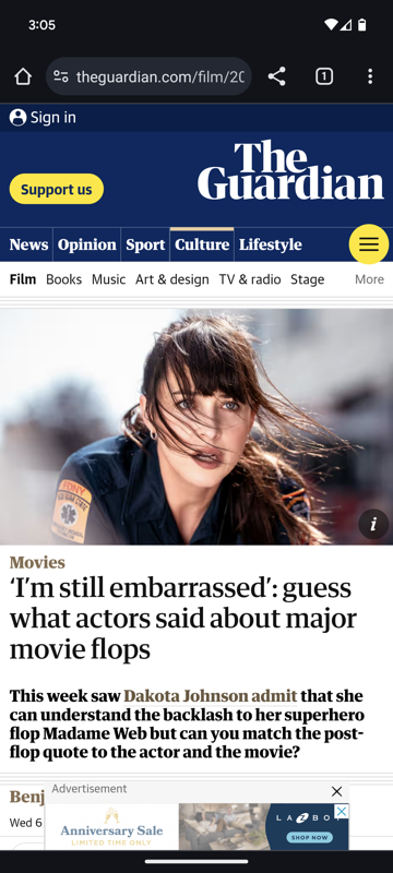 ‘I’m still embarrassed’: guess what actors said about major movie flops (Browser) screenshot: Title and lede image