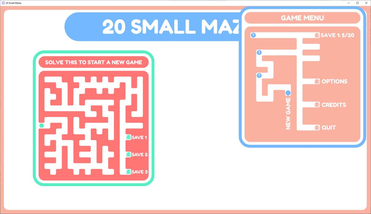20 Small Mazes (Windows) screenshot: To start a new game the main menu has to be moved out of the way, click and drag with the mouse, this allows the player to select one of the three slots that save progress
