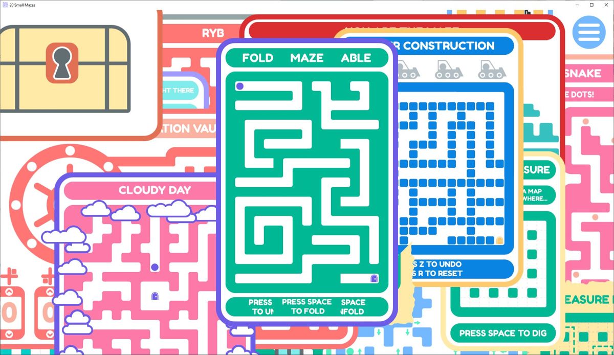 20 Small Mazes (Windows) screenshot: All the mazes are presented in small windows and are selected by clicking on them. They can be dragged around the screen with the mouse