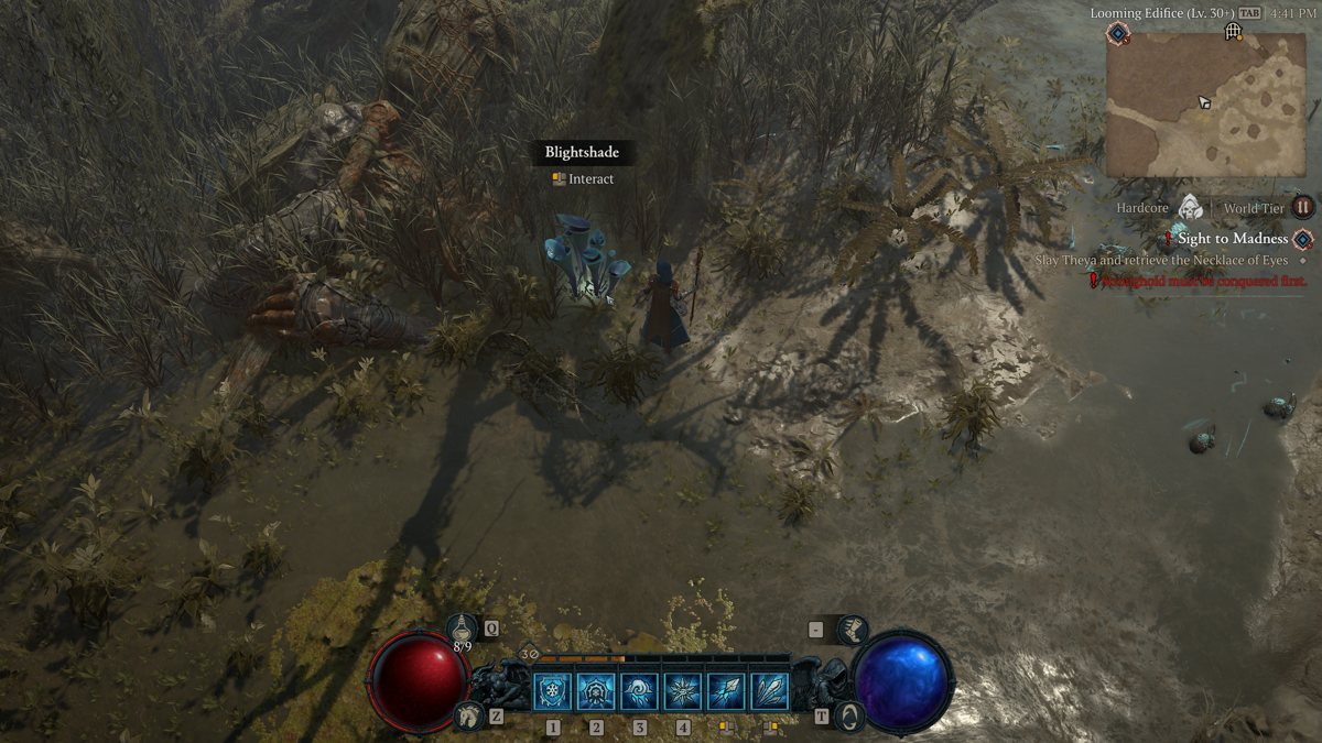 Diablo IV (Windows) screenshot: I'm collecting Blightshade, an alchemy ingredient used for potions.