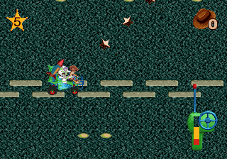 Disney's Toy Story (Genesis) screenshot: Yet another driving level. Stuck in the middle of a highway