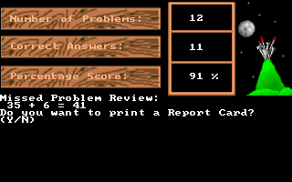 Adventure Math (DOS) screenshot: The end of a series of questions.