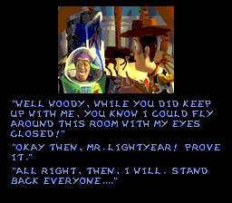 Disney's Toy Story (SNES) screenshot: Woody and Buzz are having a conversation