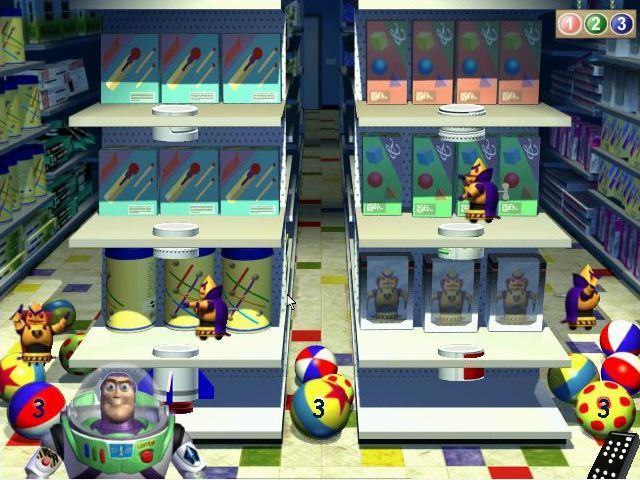 Disney's Activity Center: Disney • Pixar Toy Story 2 (Windows) screenshot: Toy Shelf Showdown: Buzz Lightyear has to get all the rocket parts down to ground level so that he can use the rocket to reach the top and defeat the emperor.