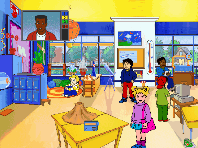 Scholastic's The Magic School Bus Explores the Human Body (Windows 3.x) screenshot: In the classroom, animations are triggered when clicking on items. In this example, we clicked on the TV.