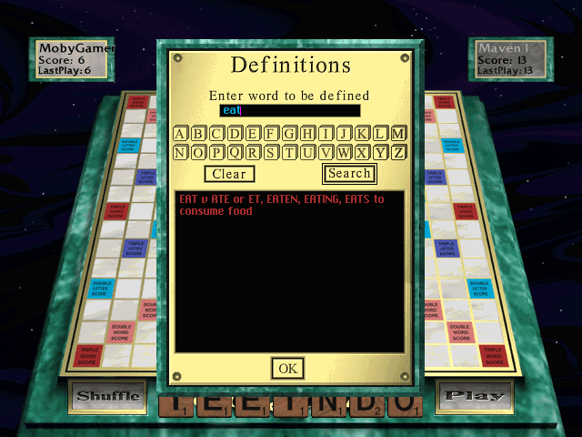 Scrabble (Windows 3.x) screenshot: Viewing a word definition