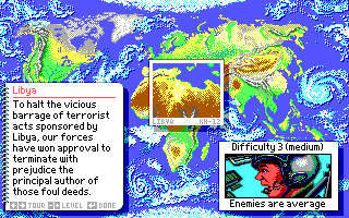 LHX: Attack Chopper (DOS) screenshot: Region and Difficulty Selection