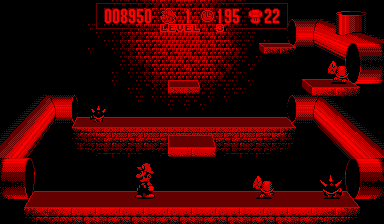 Mario Clash (Virtual Boy) screenshot: Jump on top of the non-spikey creatures to pick up a shell for throwing