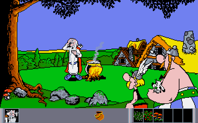 Asterix: Operation Getafix (DOS) screenshot: I need strawberries, bay leaves and pizza to make the magic potion. And some ketchup while your at it, thank you.