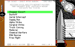 LHX: Attack Chopper (DOS) screenshot: Mission Selection (for Southeast Asia)