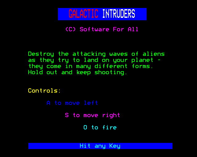 Galactic Intruders (BBC Micro) screenshot: Instructions